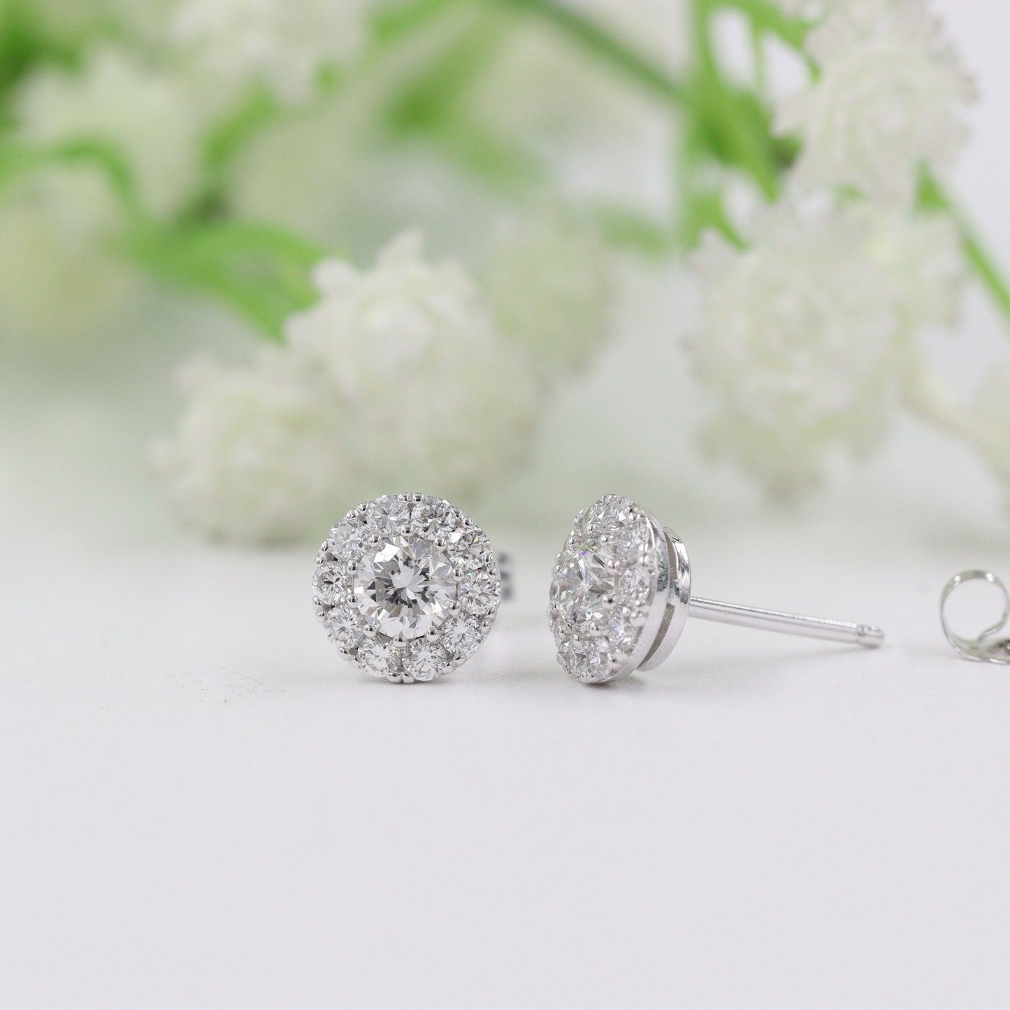 Halo Diamond Stud Earrings: 1.1ct Natural Diamond, 14K Gold