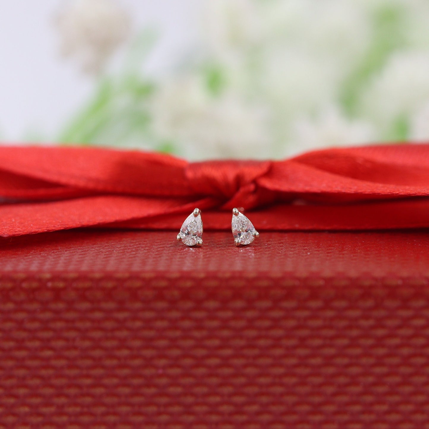 Pear Natural Diamond Stud Earrings: 14K Gold, Three Prong Solitaire Stud Earring only- Anniversary Gift