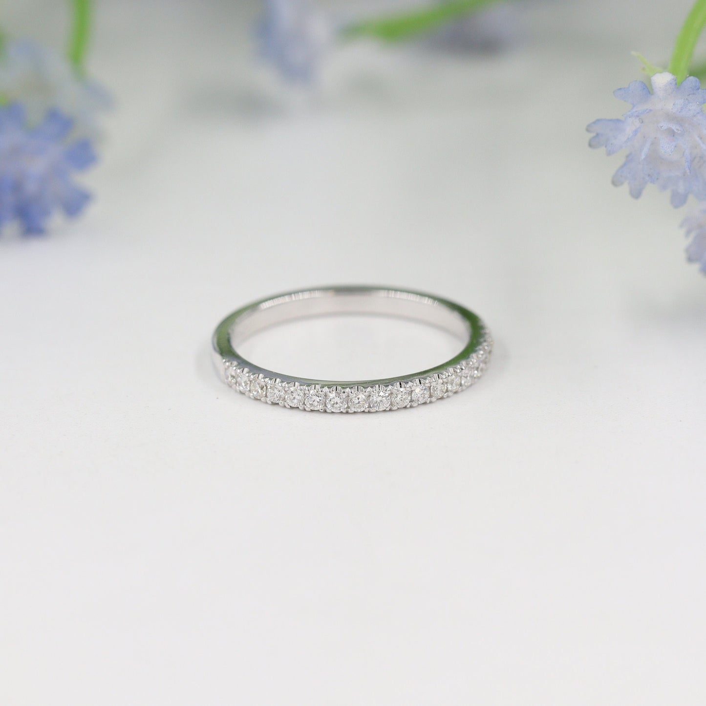 14K Gold Natural Diamond Wedding Band: Half Eternity Stackable Diamond Wedding 1.7mm Band - Anniversary gift