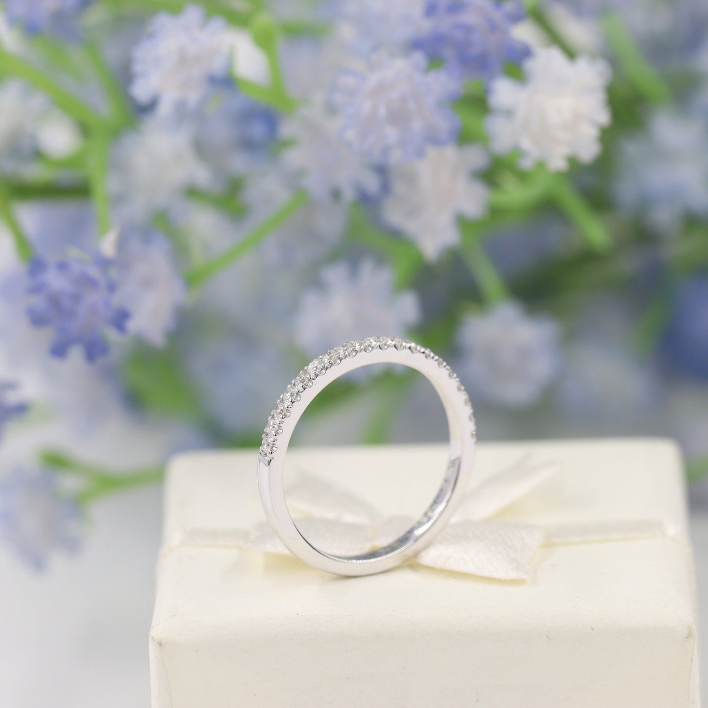 14K Gold Natural Diamond Wedding Band: Half Eternity Stackable Diamond Wedding 1.7mm Band - Anniversary gift