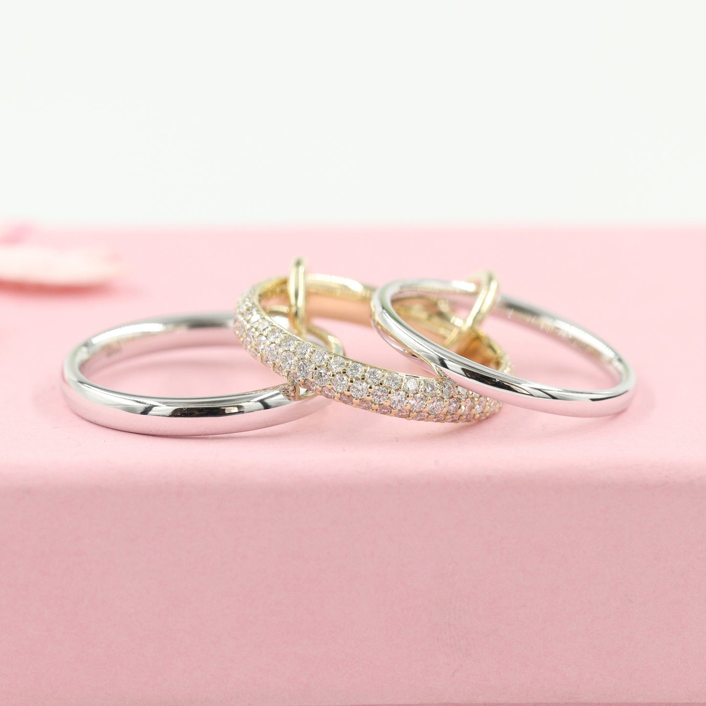 Handmade 14K Gold 3 Row Natural Diamond Stacking Rings with Connectors- Anniversary Gift