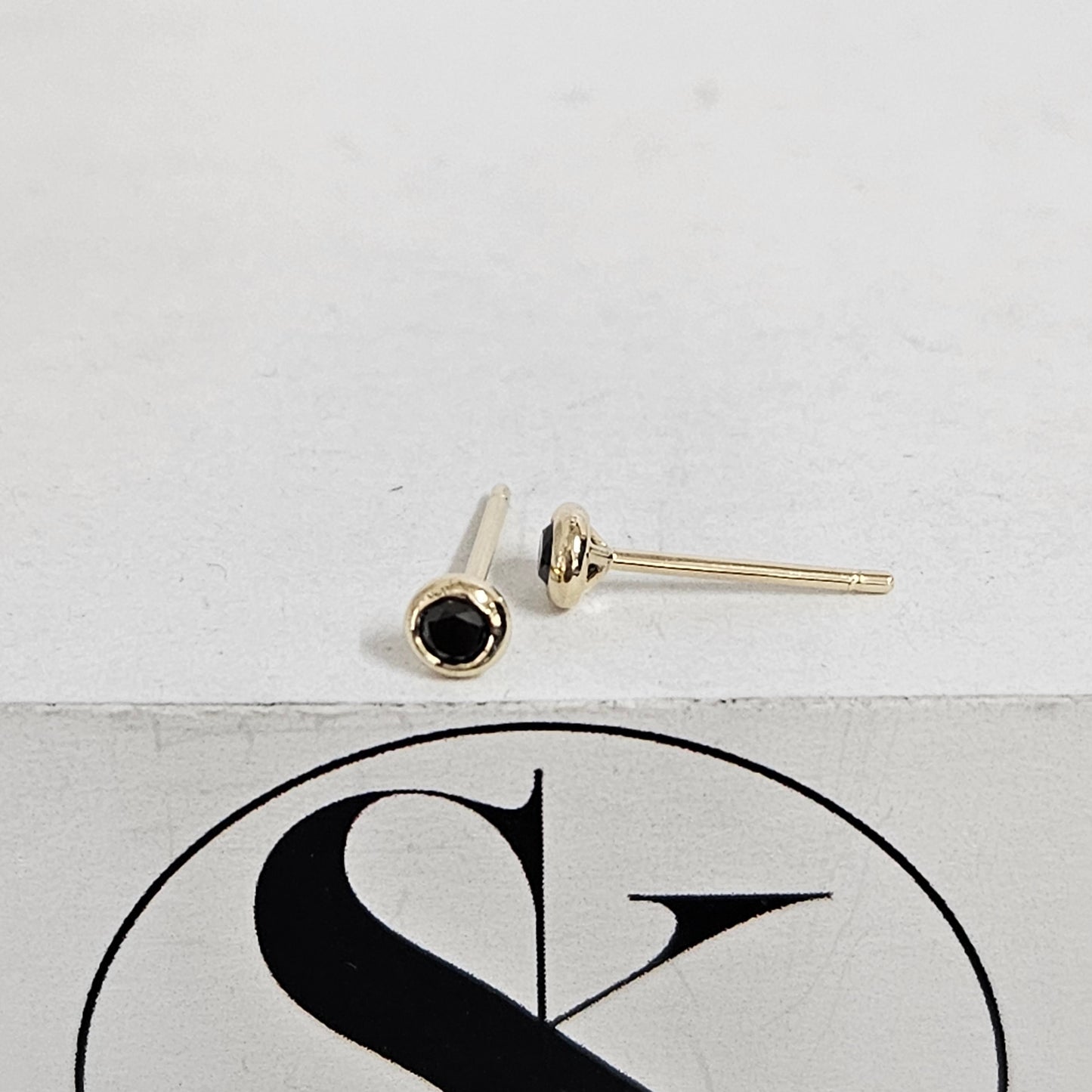 14K Gold Solitaire Black Diamond Stud Earrings: Bezel Set