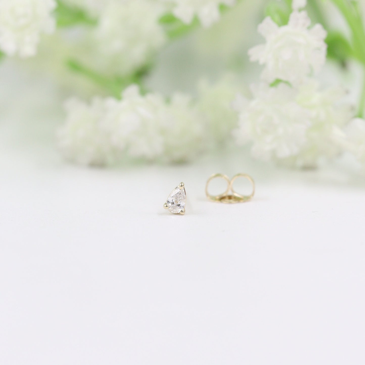 Pear Natural Diamond Stud Earrings: 14K Gold, Three Prong Solitaire Stud Earring only- Anniversary Gift