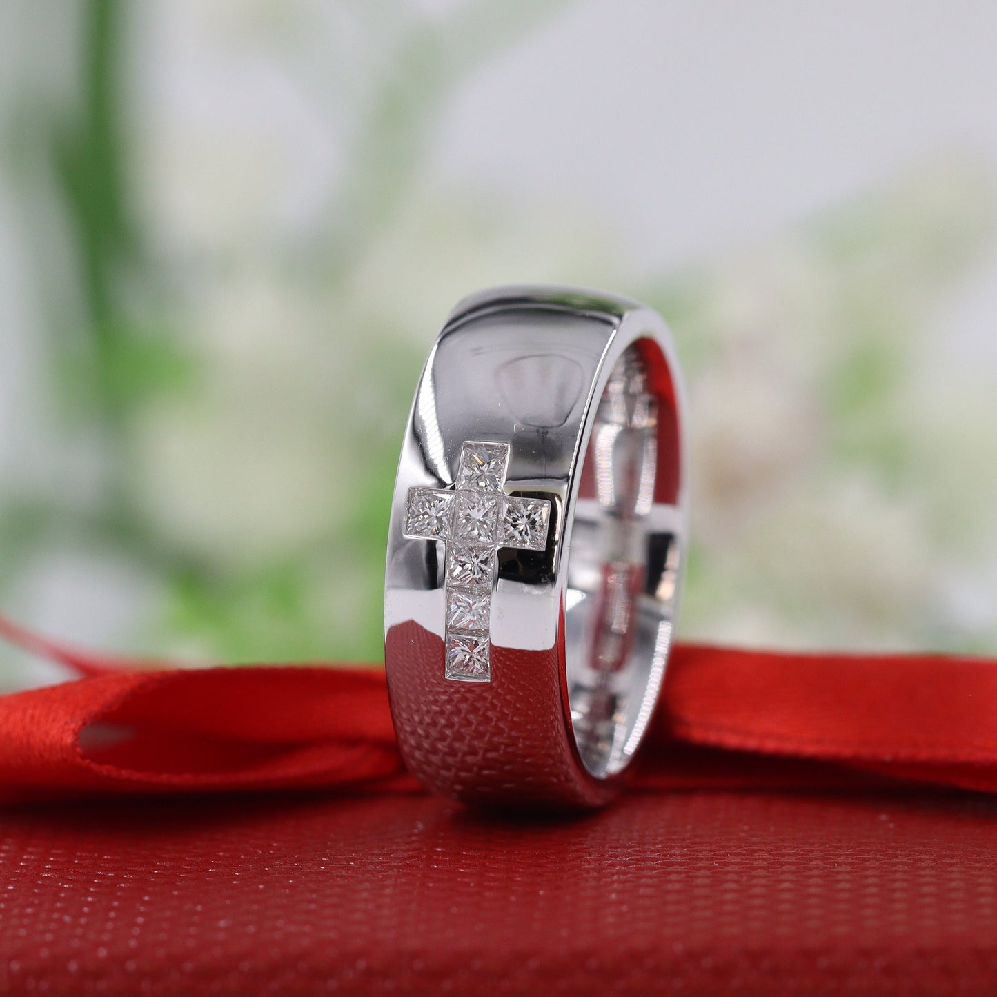 Princess Cut Natural Diamond Cross Ring: 14K Gold Religious Band - Anniversary gift
