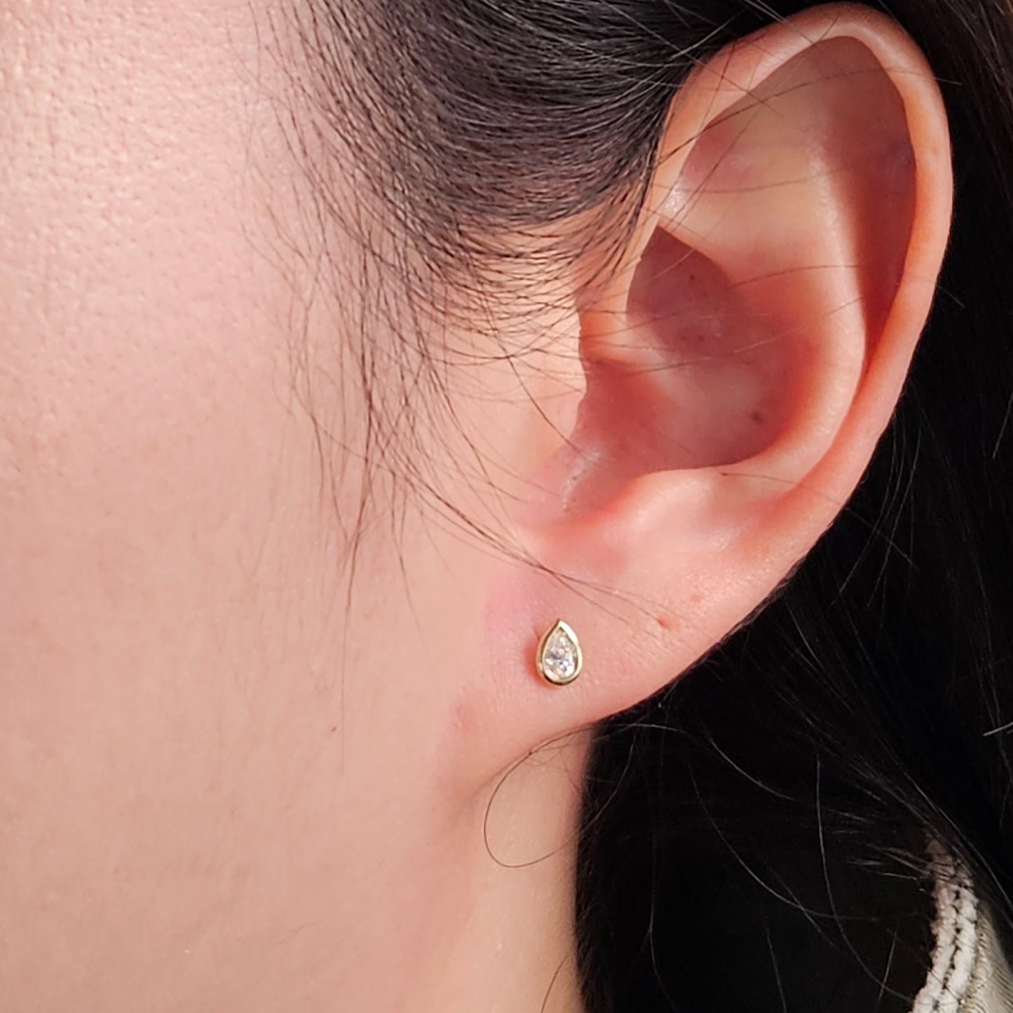 Handmade Pear Natural Diamond Stud Earrings: 14k Gold Bezel Set / Anniversary gift
