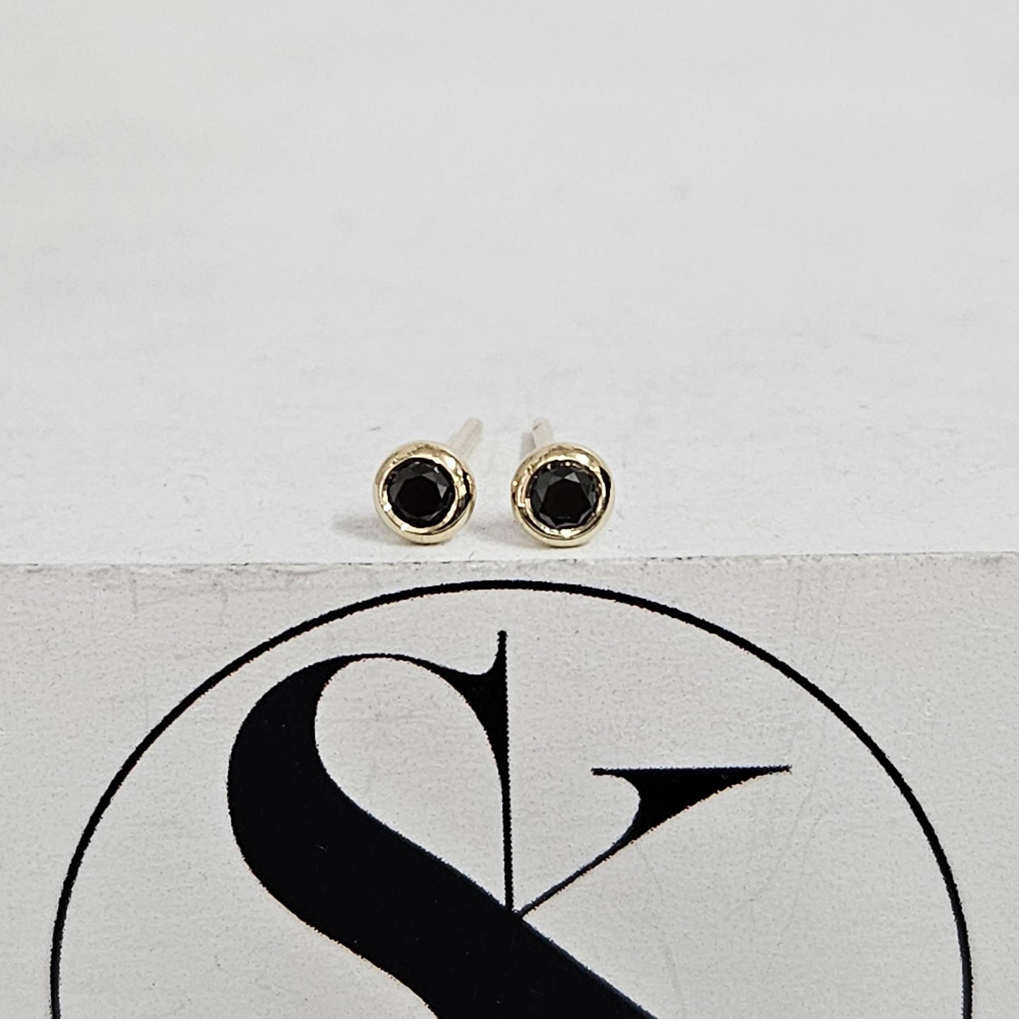 14K Gold Solitaire Black Diamond Stud Earrings: Bezel Set