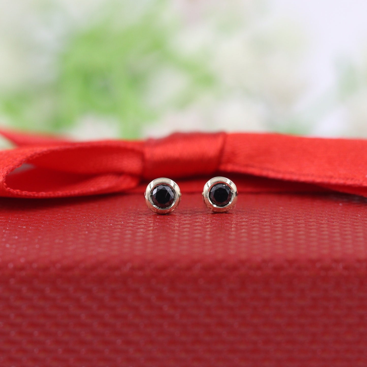 14K Gold Solitaire Black Diamond Stud Earrings: Bezel Set