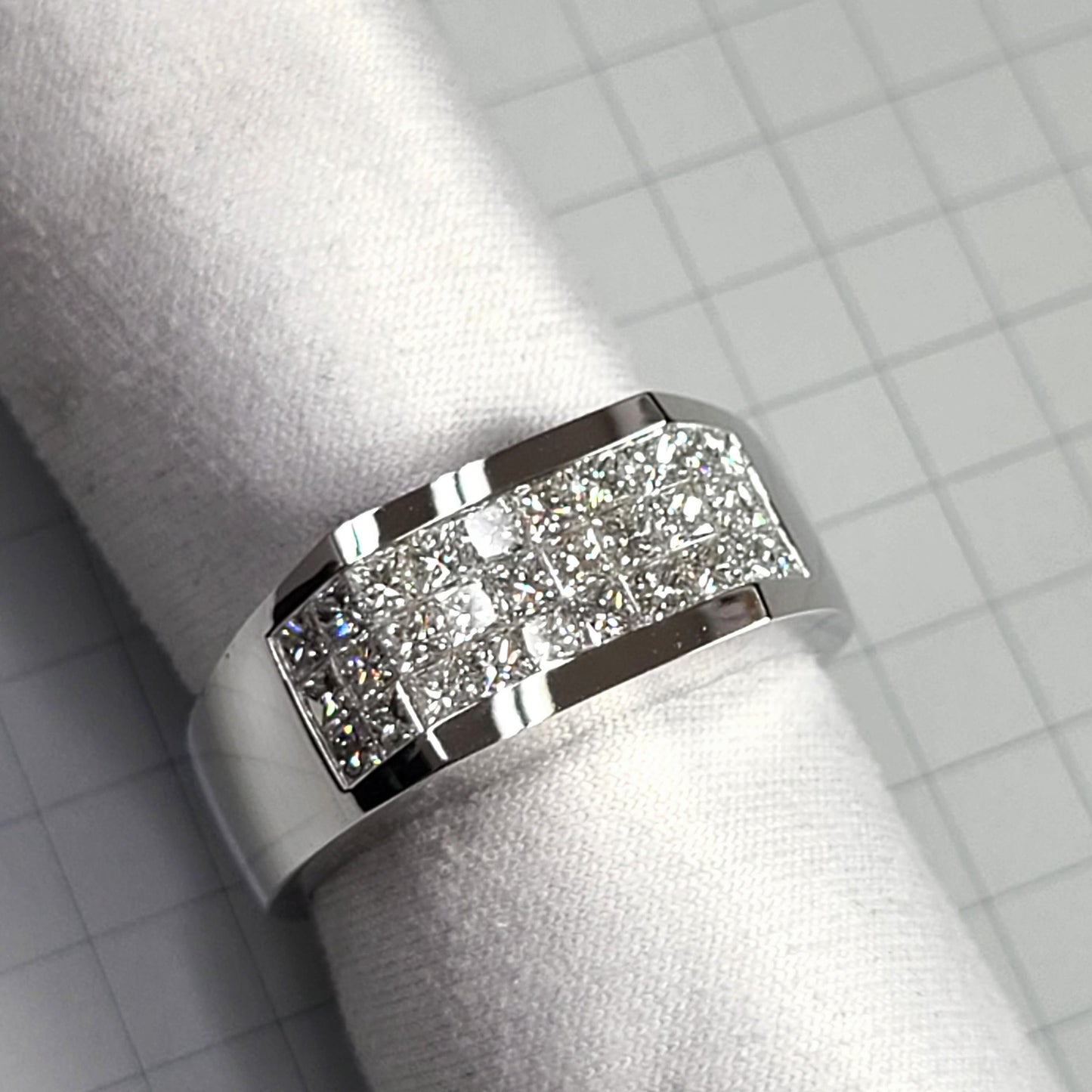 Princess Cut 1.9ct 3 Row Natural Diamond Men's Ring: 14K Gold Invisible Setting Wedding Band