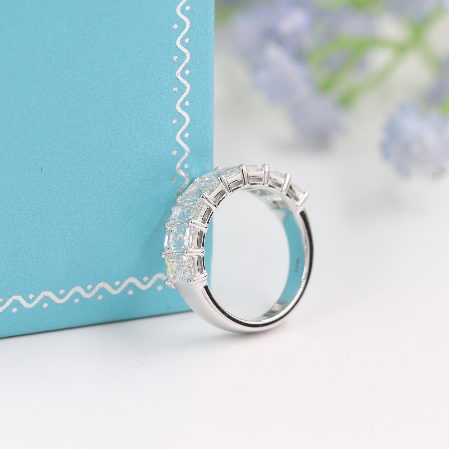 GIA Emerald Cut Diamond Ring: 14K Gold Half Eternity Wedding Band