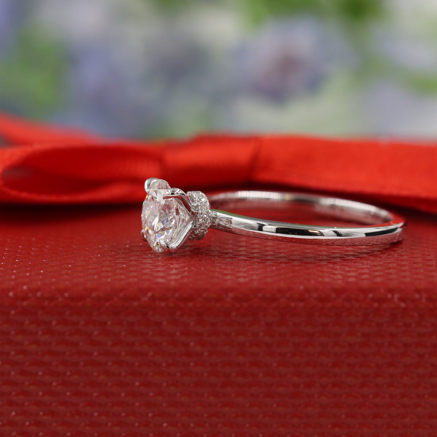 Handmade 1ct Round Diamond Engagement Ring: 14k Gold Hidden Halo Diamond Ring - Anniversary gift