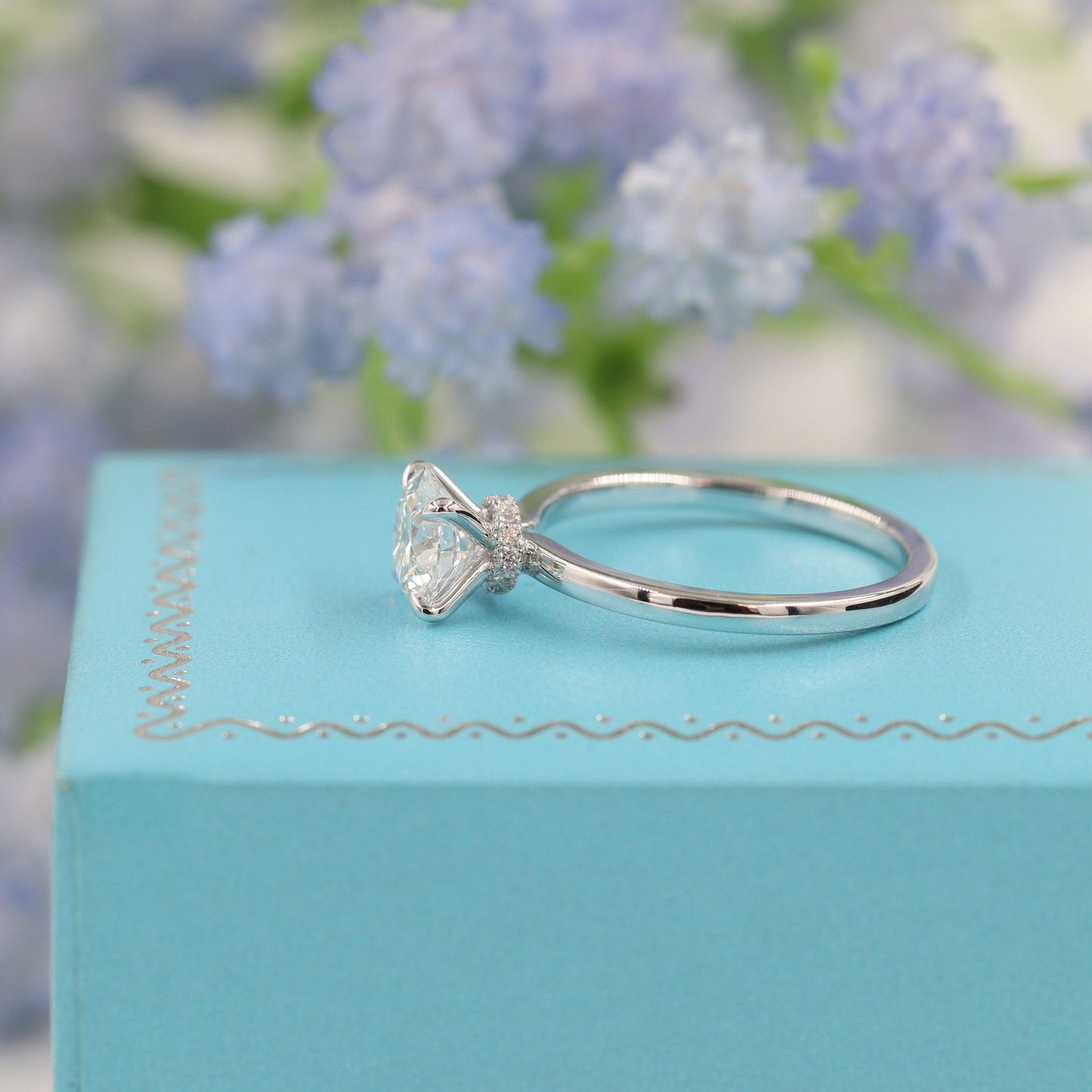 Handmade 1ct Round Diamond Engagement Ring: 14k Gold Hidden Halo Diamond Ring - Anniversary gift