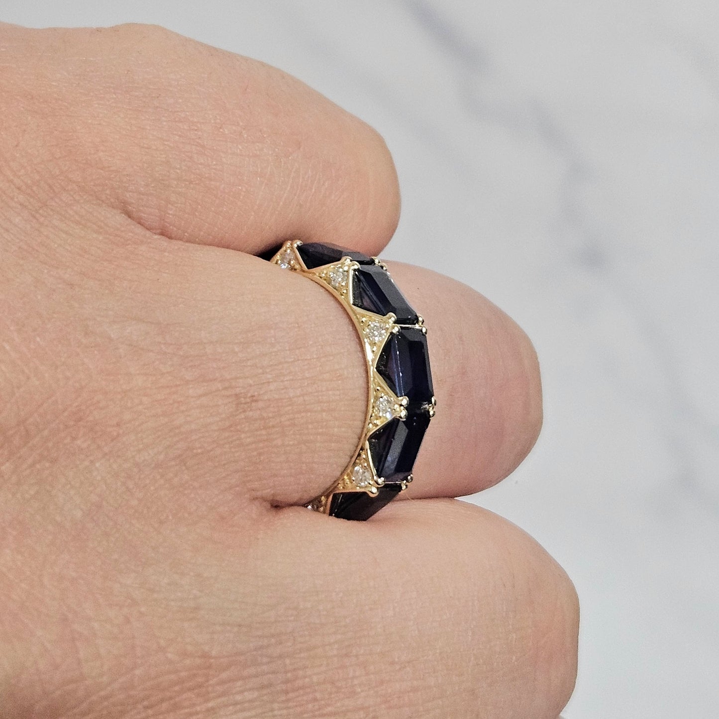 Emerald Cut Blue Sapphire Full Eternity Ring, Natural Diamond 14K Gold Band- Anniversary Gift