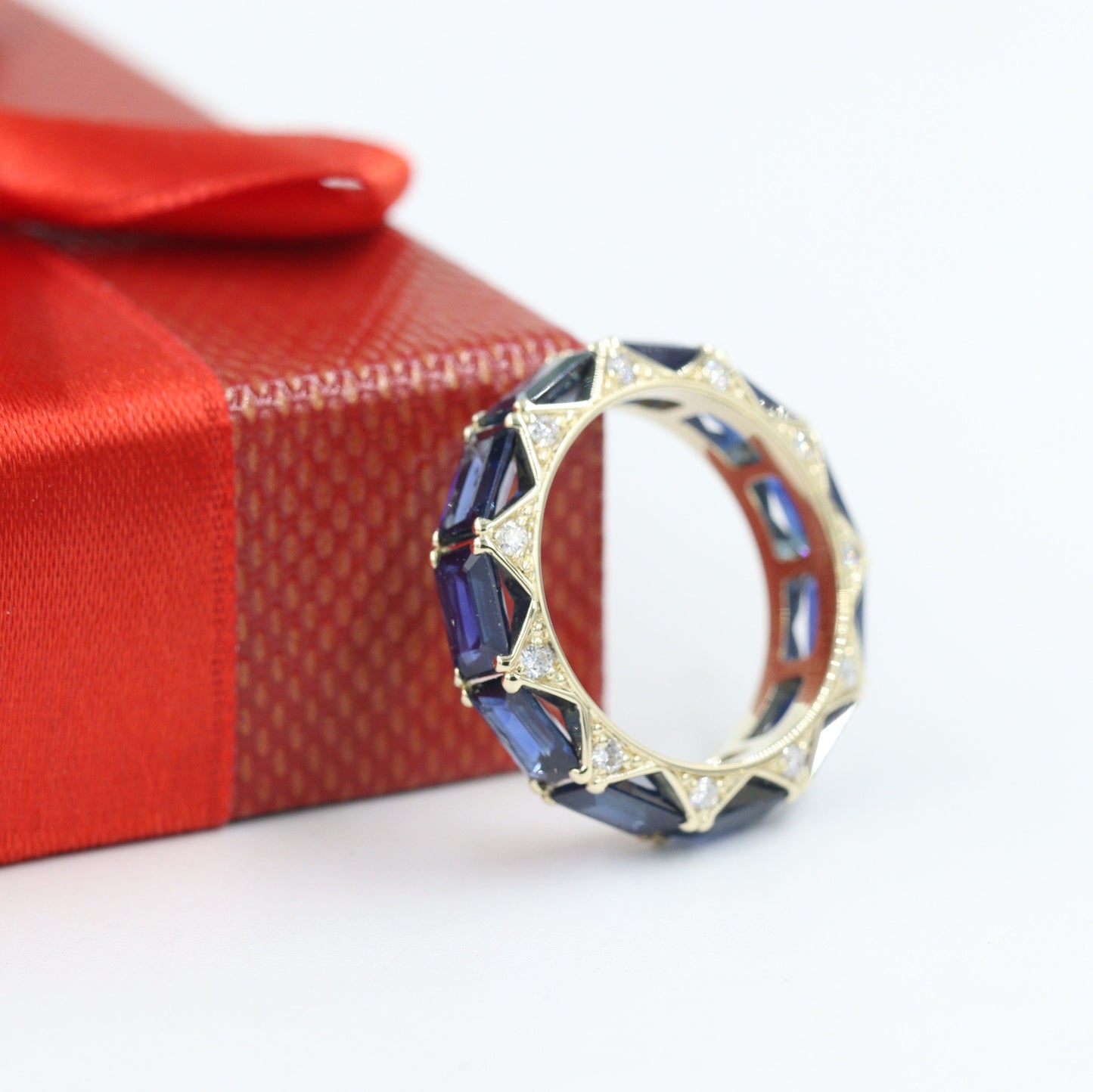 Emerald Cut Blue Sapphire Full Eternity Ring, Natural Diamond 14K Gold Band- Anniversary Gift