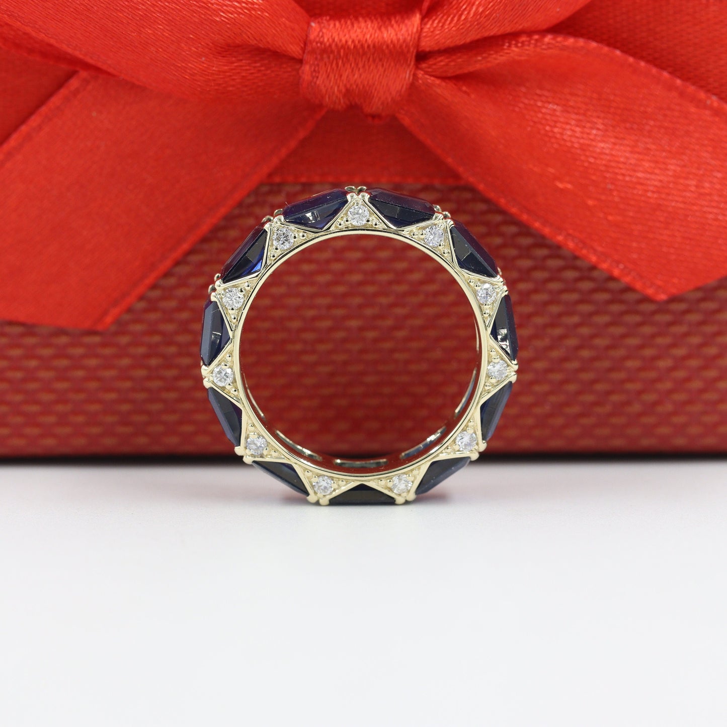 Emerald Cut Blue Sapphire Full Eternity Ring, Natural Diamond 14K Gold Band- Anniversary Gift
