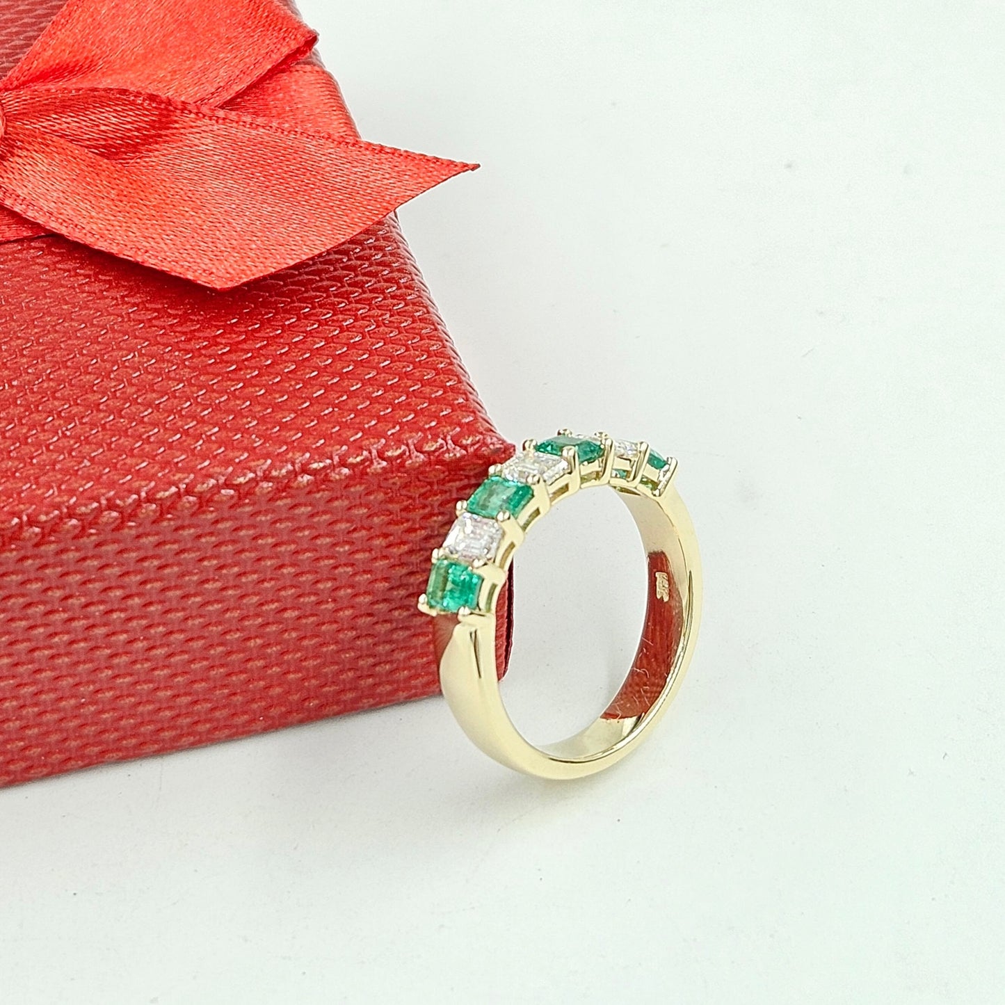 1.5ct Natural Green Emerald & Emerald Cut Natural Diamond Ring /Half Eternity Width 4.8mm Wedding Ring / Anniversary gift