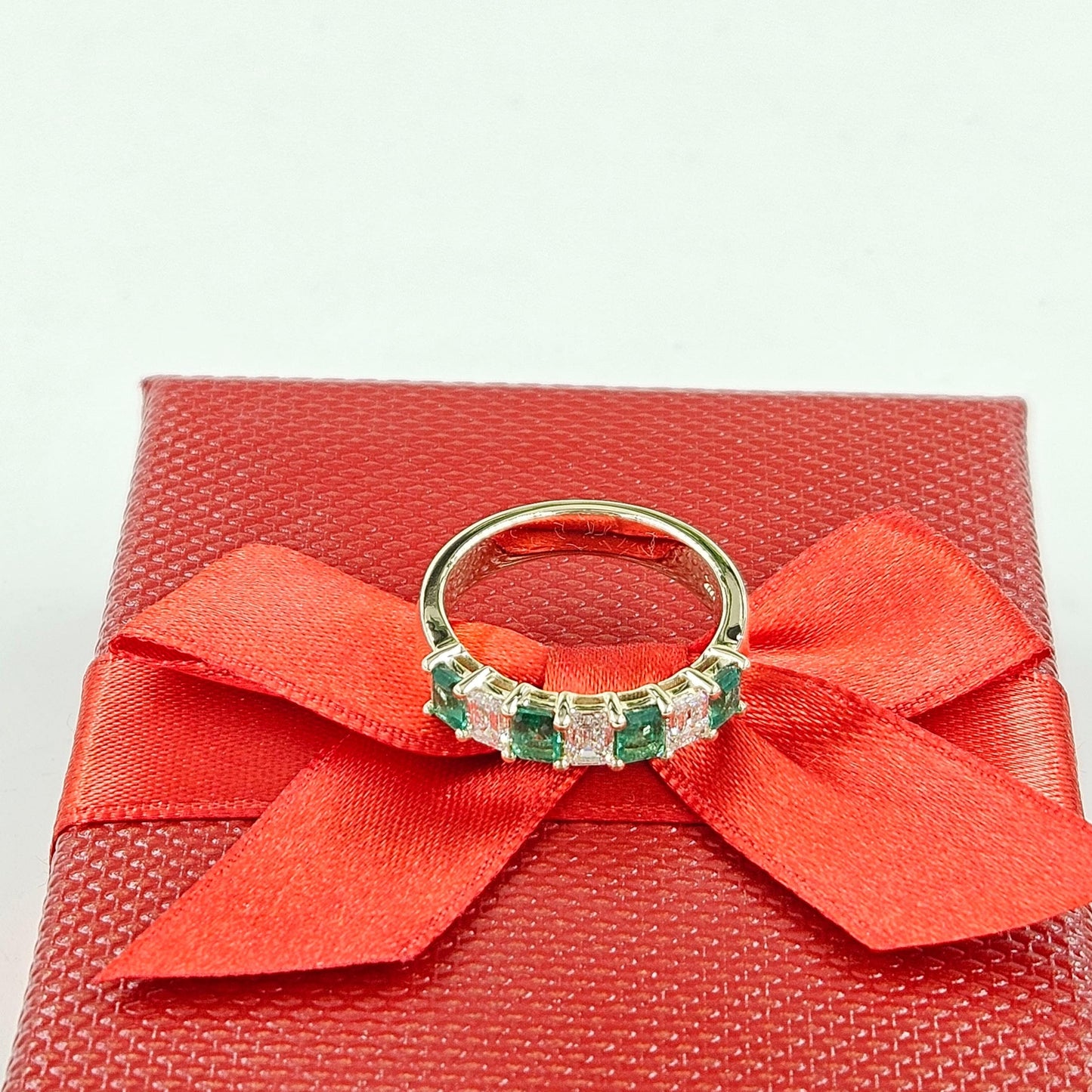 1.5ct Natural Green Emerald & Emerald Cut Natural Diamond Ring /Half Eternity Width 4.8mm Wedding Ring / Anniversary gift