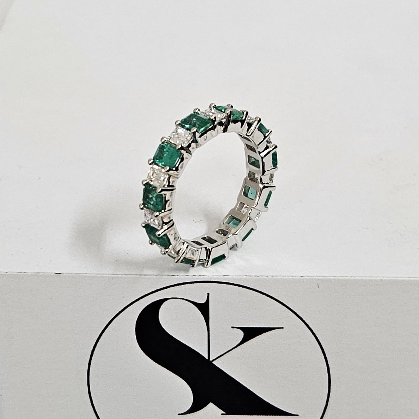 Emerald Cut Emerald & Natural Diamond Platinum Eternity Ring, 3.1ct Handmade Anniversary Wedding Band