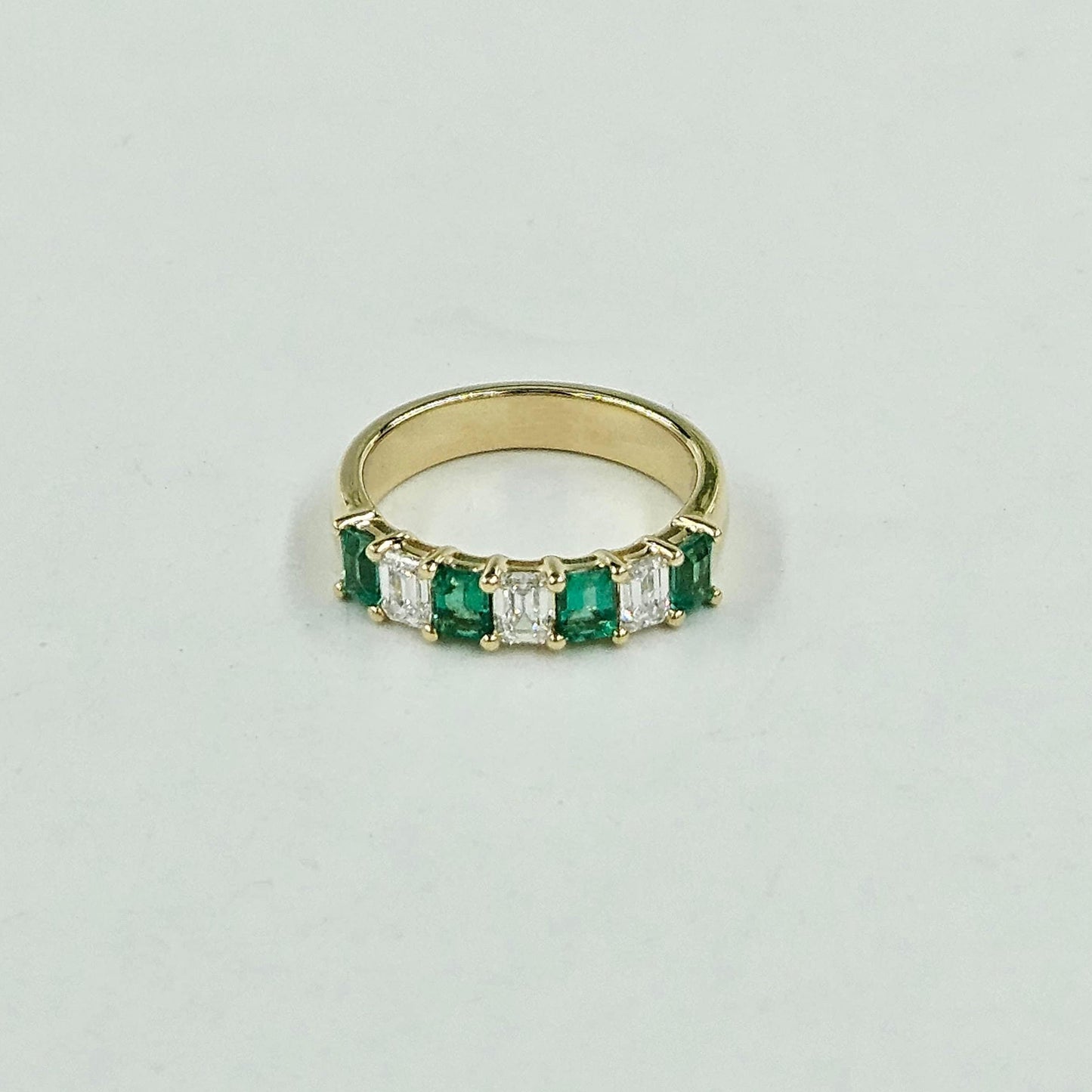 1.5ct Natural Green Emerald & Emerald Cut Natural Diamond Ring /Half Eternity Width 4.8mm Wedding Ring / Anniversary gift