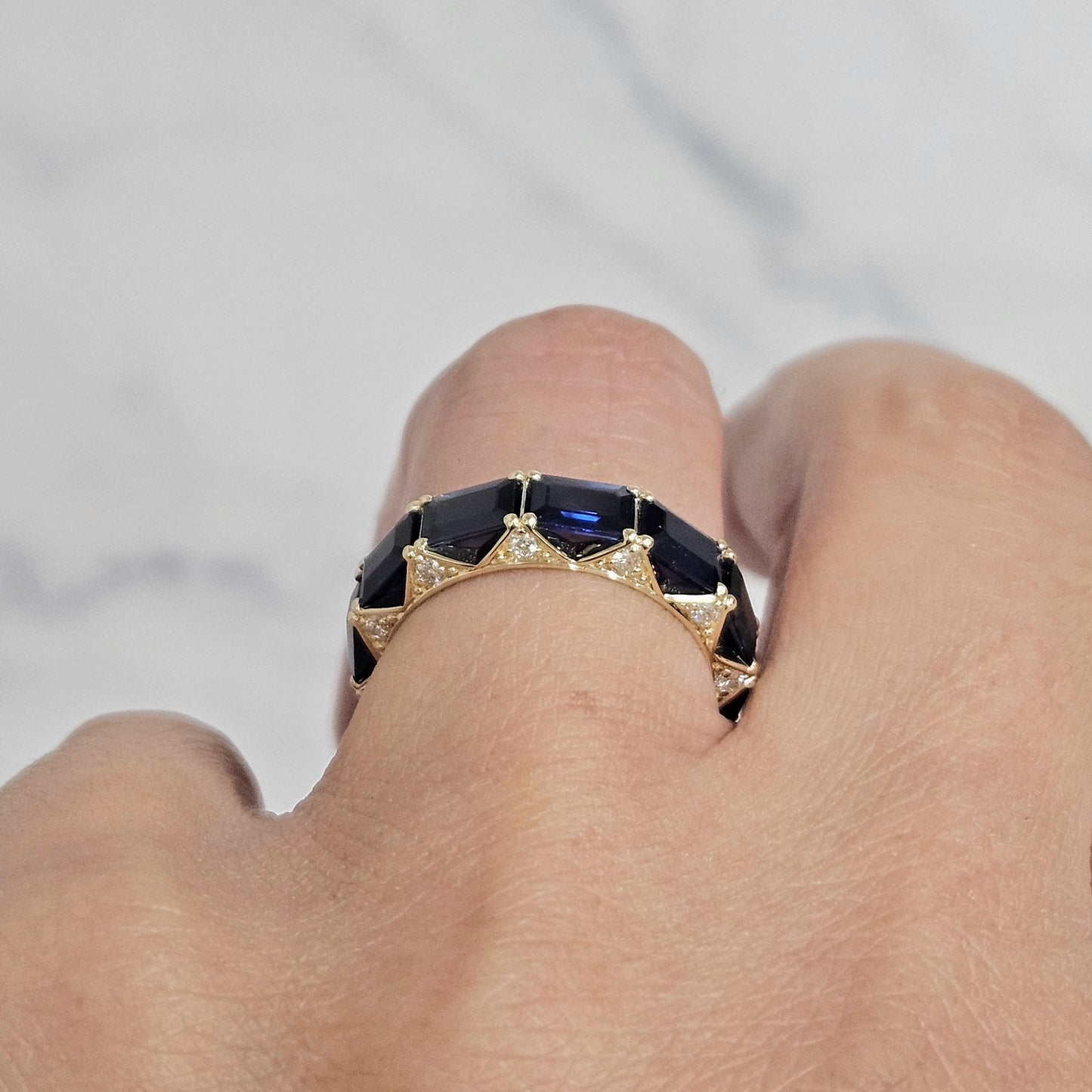 Emerald Cut Blue Sapphire Full Eternity Ring, Natural Diamond 14K Gold Band- Anniversary Gift