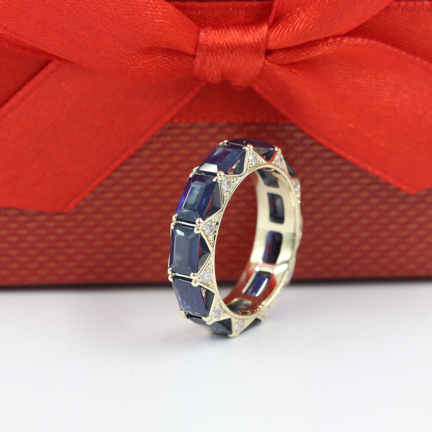 Emerald Cut Blue Sapphire Full Eternity Ring, Natural Diamond 14K Gold Band- Anniversary Gift
