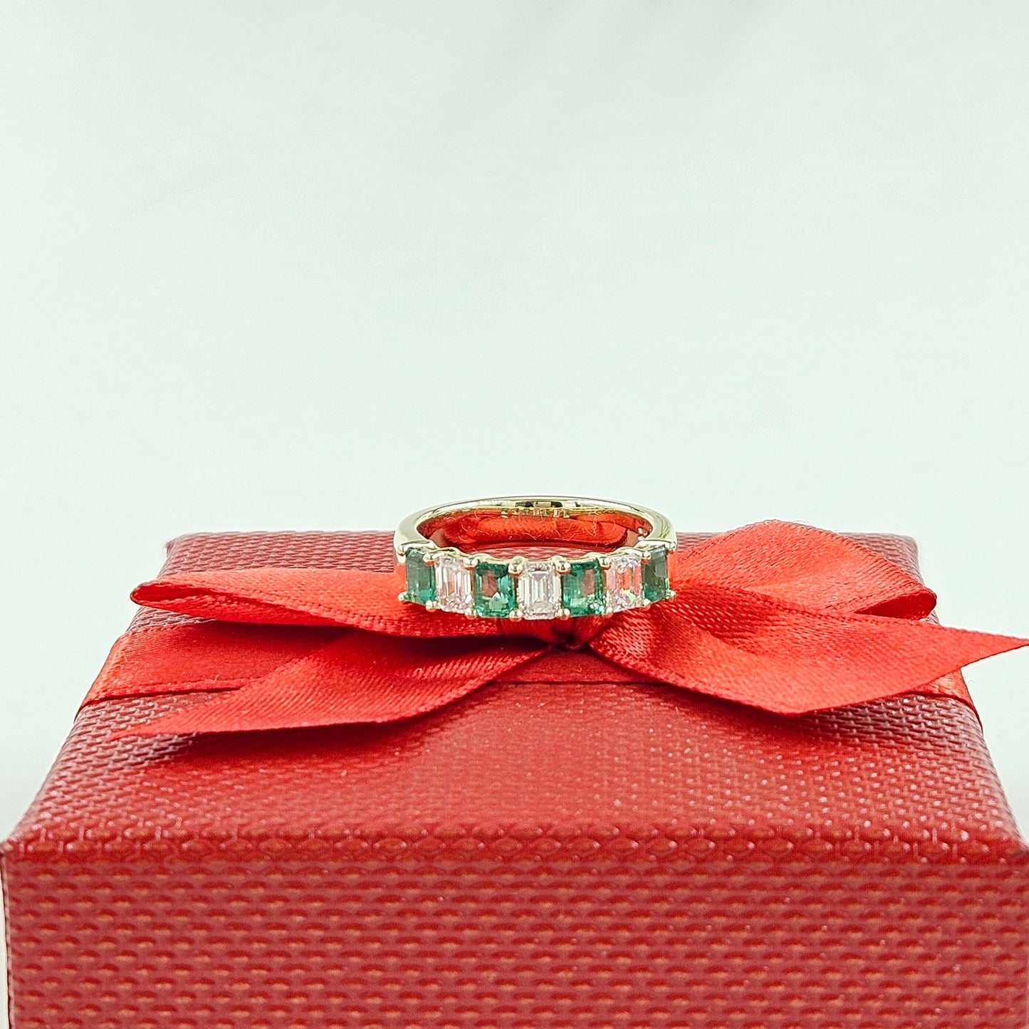 1.5ct Natural Green Emerald & Emerald Cut Natural Diamond Ring /Half Eternity Width 4.8mm Wedding Ring / Anniversary gift
