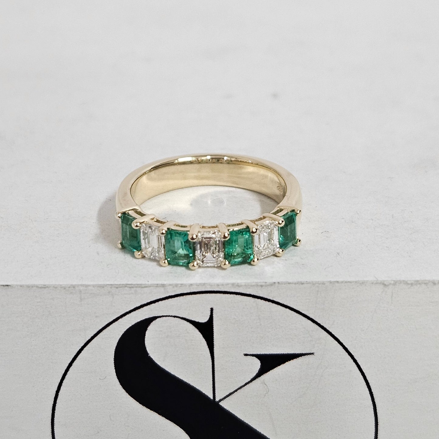 1.5ct Natural Green Emerald & Emerald Cut Natural Diamond Ring /Half Eternity Width 4.8mm Wedding Ring / Anniversary gift
