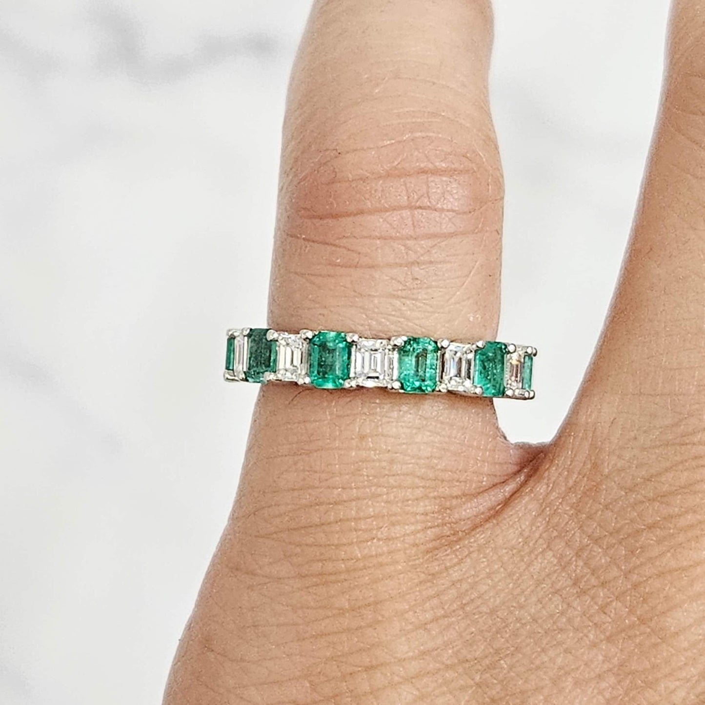 Emerald Cut Emerald & Natural Diamond Platinum Eternity Ring, 3.1ct Handmade Anniversary Wedding Band