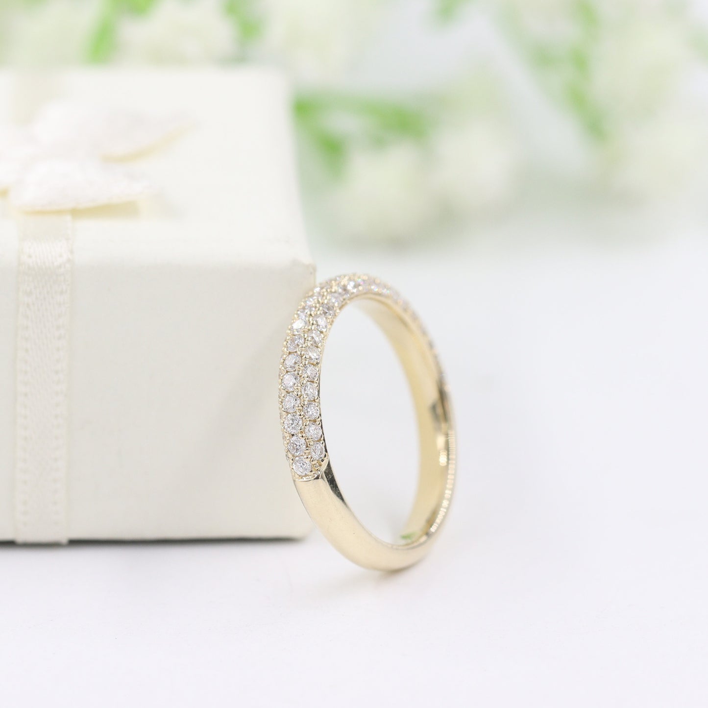 14K Gold 3 Row Natural Diamond 3.0mm Wedding Band: Half Eternity Diamond Anniversary Ring