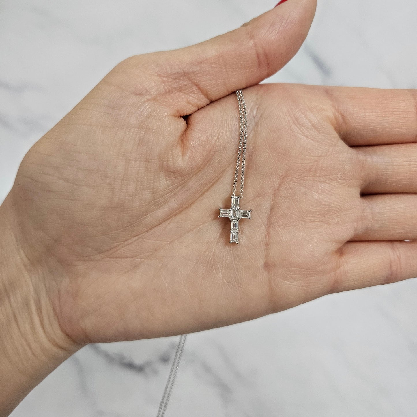 Emerald Cut Natural Diamond small Cross Pendant /Natural Diamond Necklace/14K Gold Emerald Cut Diamond small Cross/Anniversary Gift