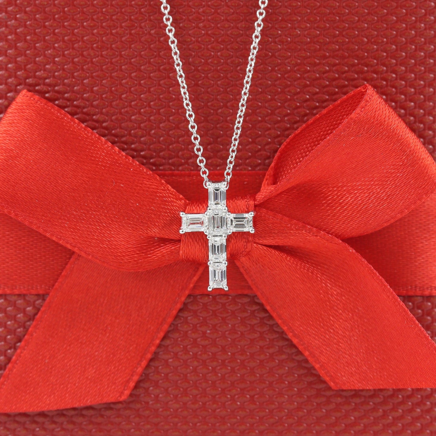 Emerald Cut Natural Diamond small Cross Pendant /Natural Diamond Necklace/14K Gold Emerald Cut Diamond small Cross/Anniversary Gift