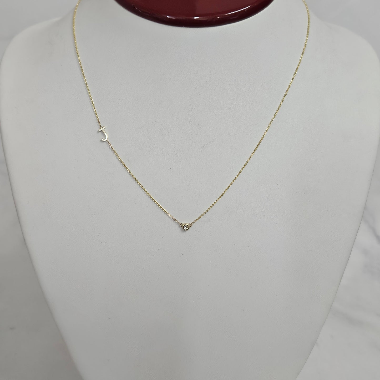 14k Gold Initial Necklace: Natural Diamond Bezel, Personalized Sideway Letter