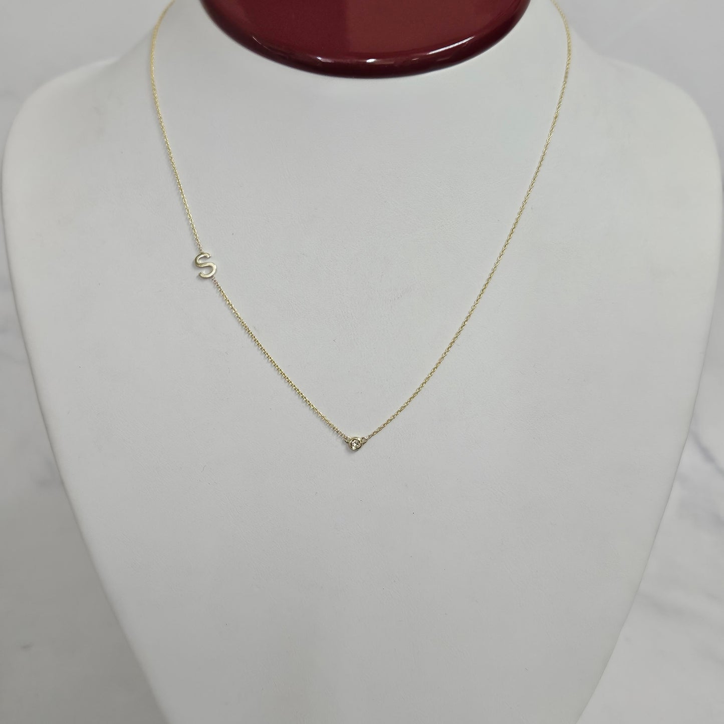 14k Gold Initial Necklace: Natural Diamond Bezel, Personalized Sideway Letter