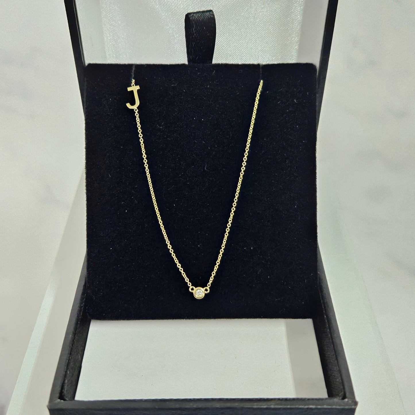 14k Gold Initial Necklace: Natural Diamond Bezel, Personalized Sideway Letter