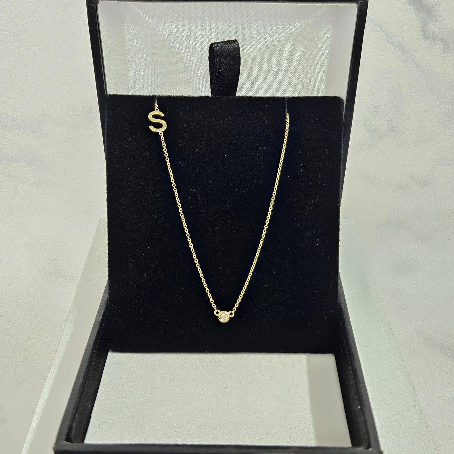 14k Gold Initial Necklace: Natural Diamond Bezel, Personalized Sideway Letter