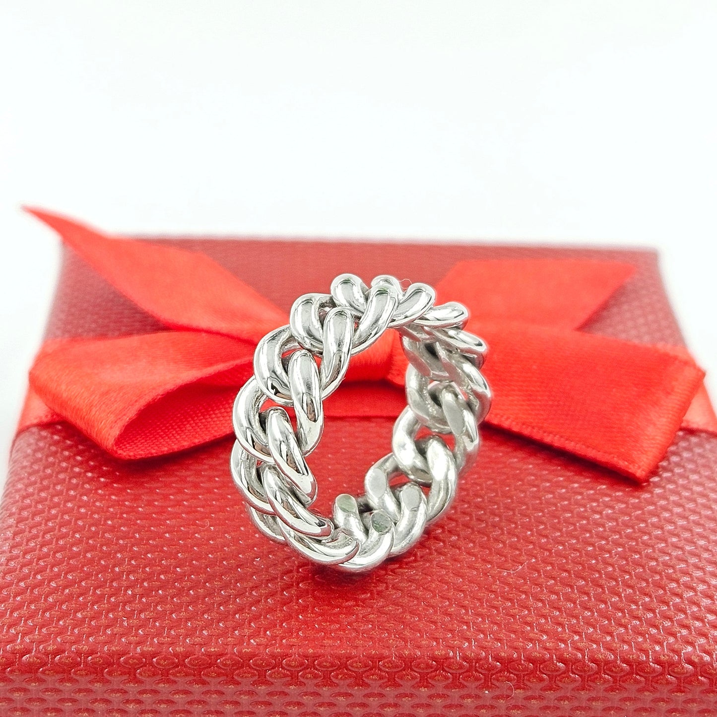 Handmade 14K Gold Cuban Link Ring - Stackable Platinum Chain Ring - Anniversary gift