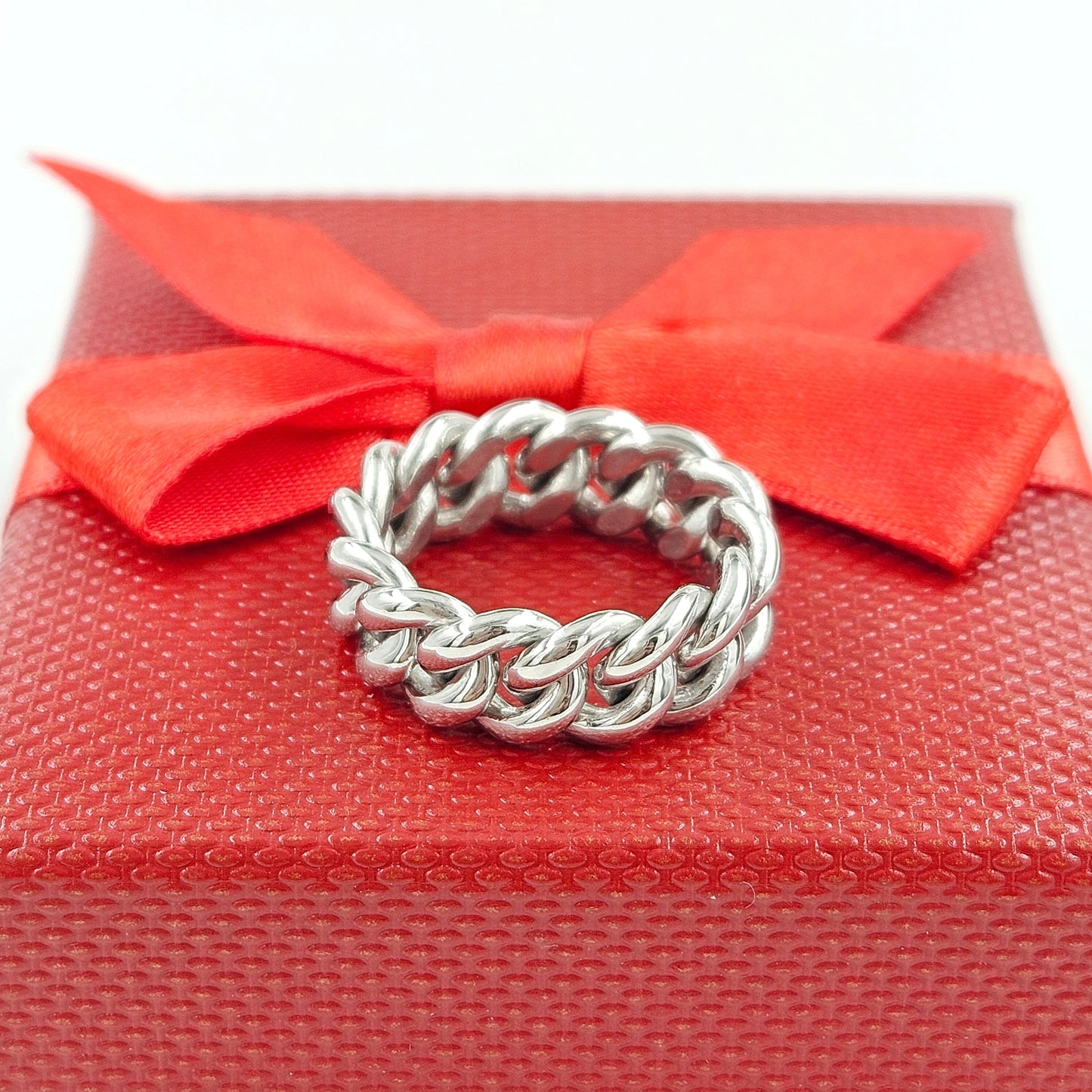 Handmade 14K Gold Cuban Link Ring - Stackable Platinum Chain Ring - Anniversary gift