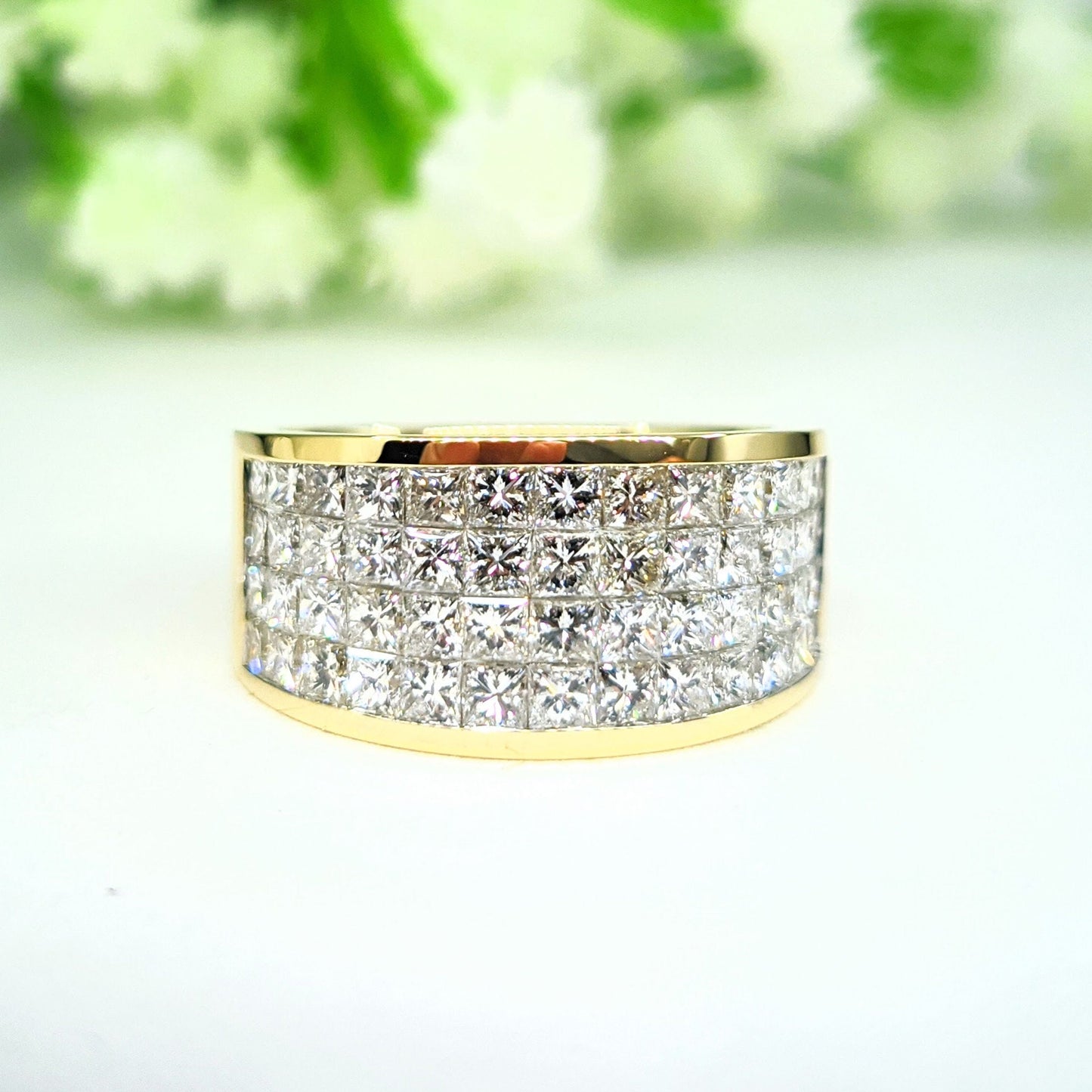 Handmade Princess Cut Diamond Anniversary Ring: 14K Gold Invisible Setting