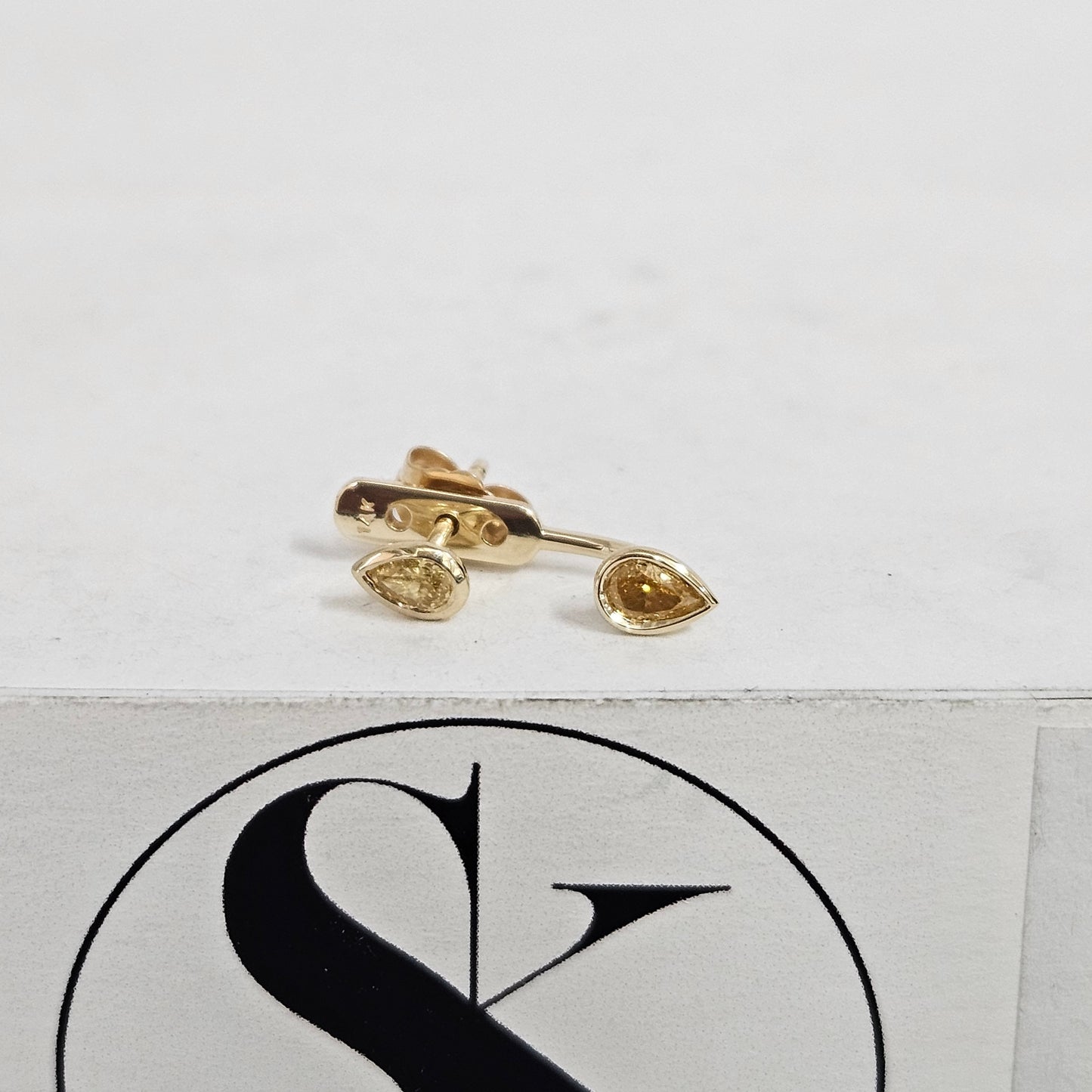 Handmade 14K Gold Pear Yellow Diamond Jacket Earrings: Bezel Set