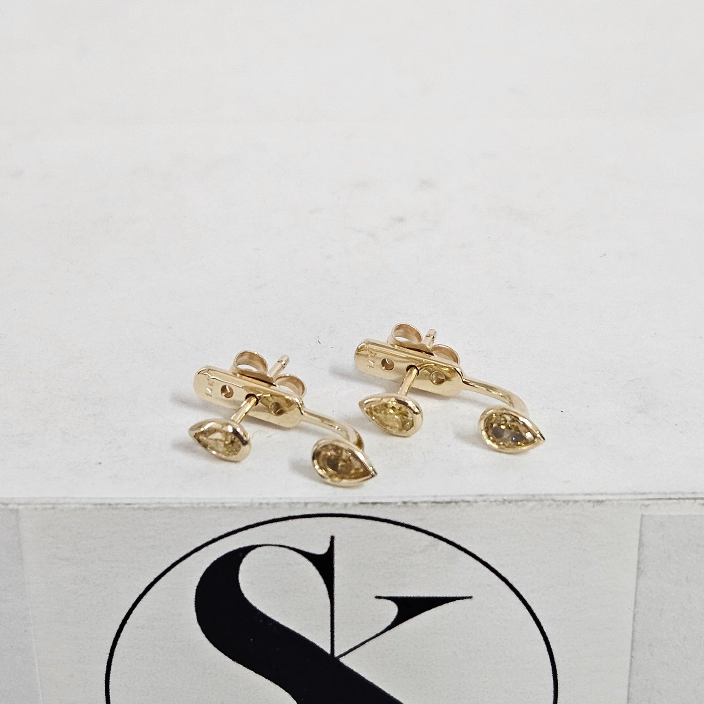 Handmade 14K Gold Pear Yellow Diamond Jacket Earrings: Bezel Set