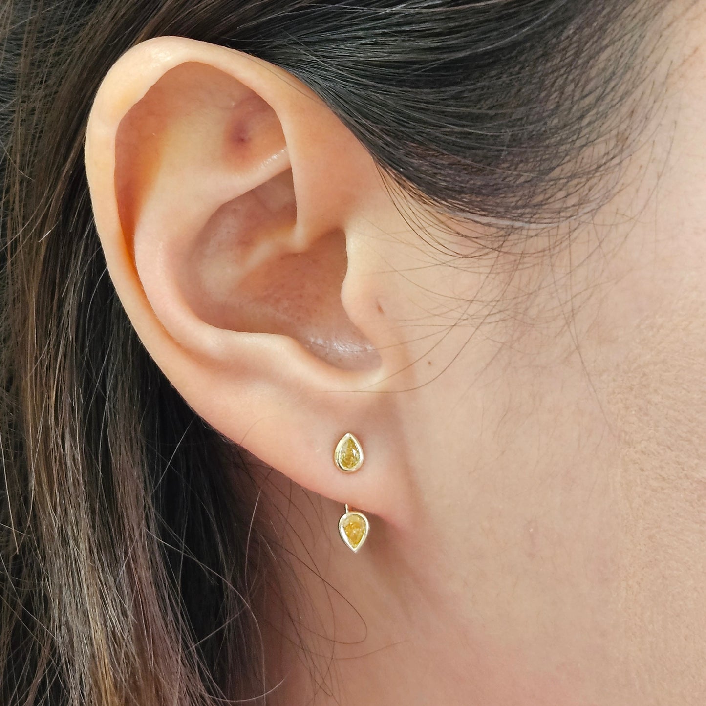 Handmade 14K Gold Pear Yellow Diamond Jacket Earrings: Bezel Set