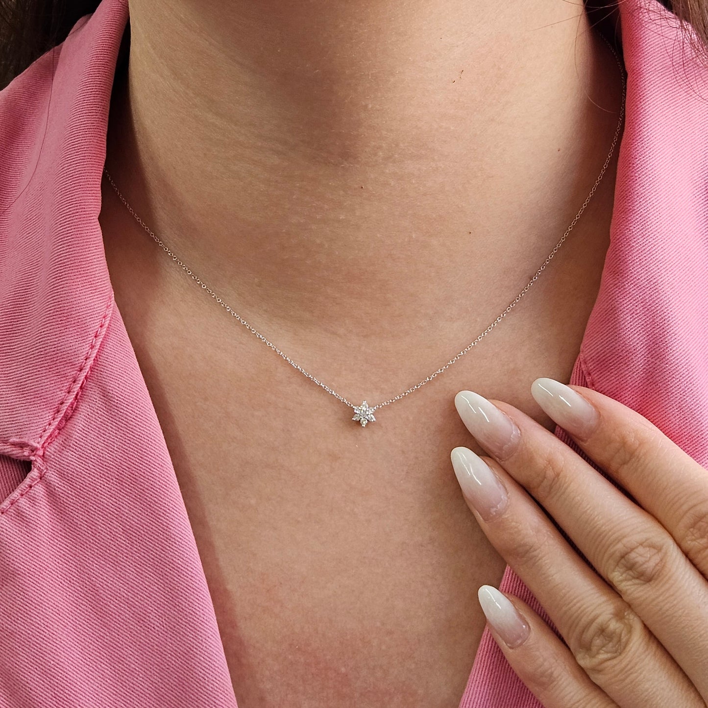 14K Gold Diamond Flower Necklace: Natural Diamond Snowflake Pendant - Anniversary gift