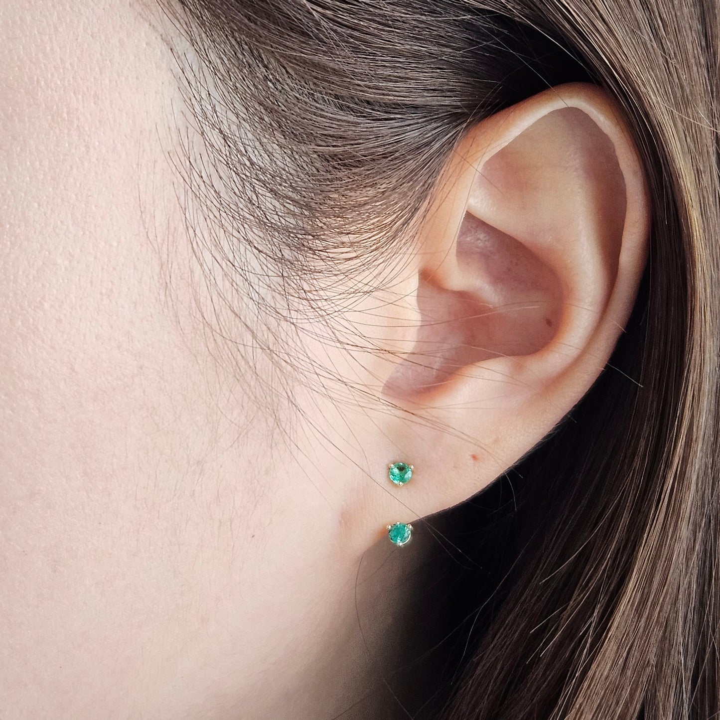 14K Gold Round Emerald Jacket Earrings:0.1ct Natural Round Emerald Prong Studs - Anniversary gifts