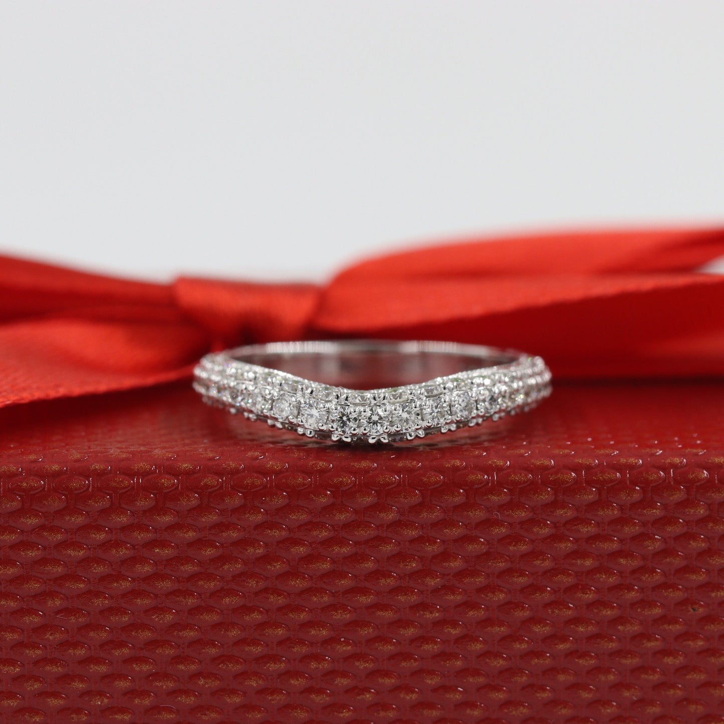 14K Gold 3 Row  Natural Diamond Curved Wedding Band: Handmade Anniversary Ring