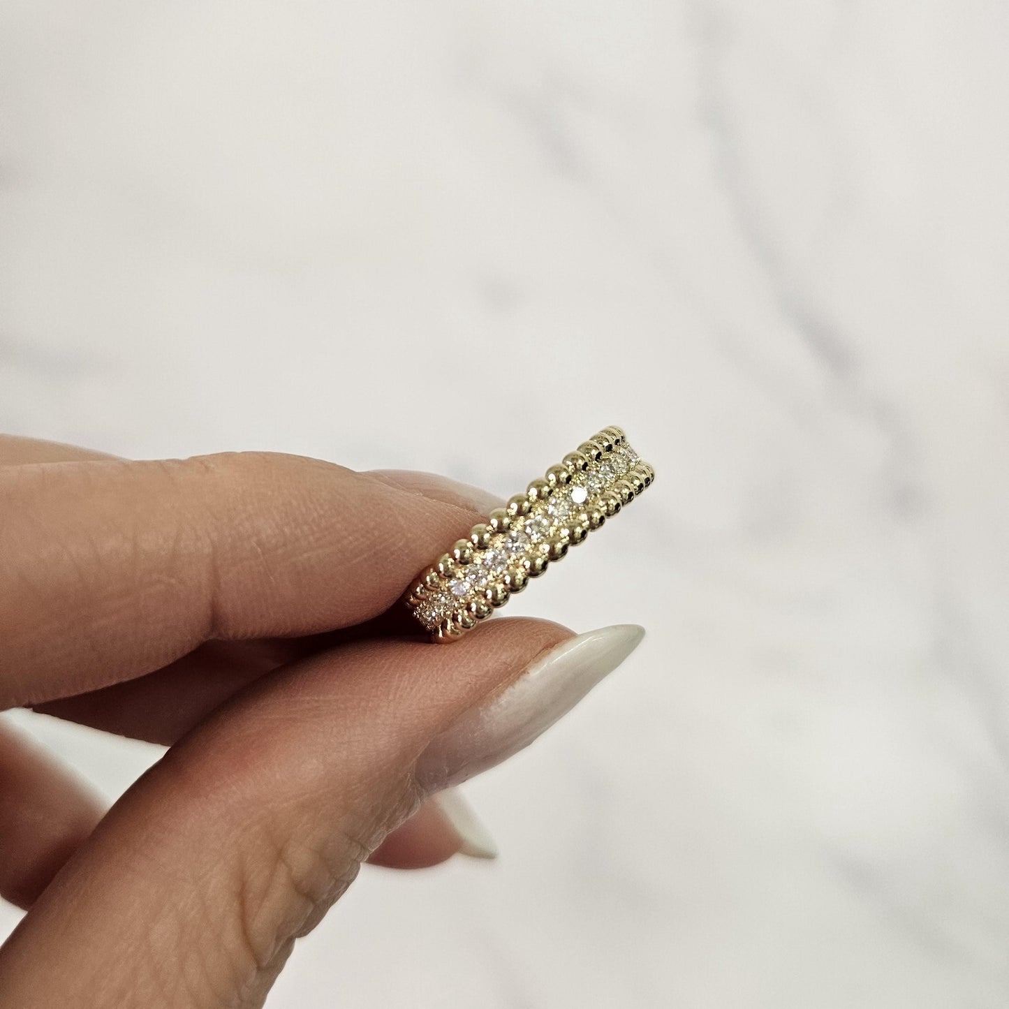 14K Gold Natural Diamond Eternity Ring: Stackable Bead Wedding Band- Anniversary Gift