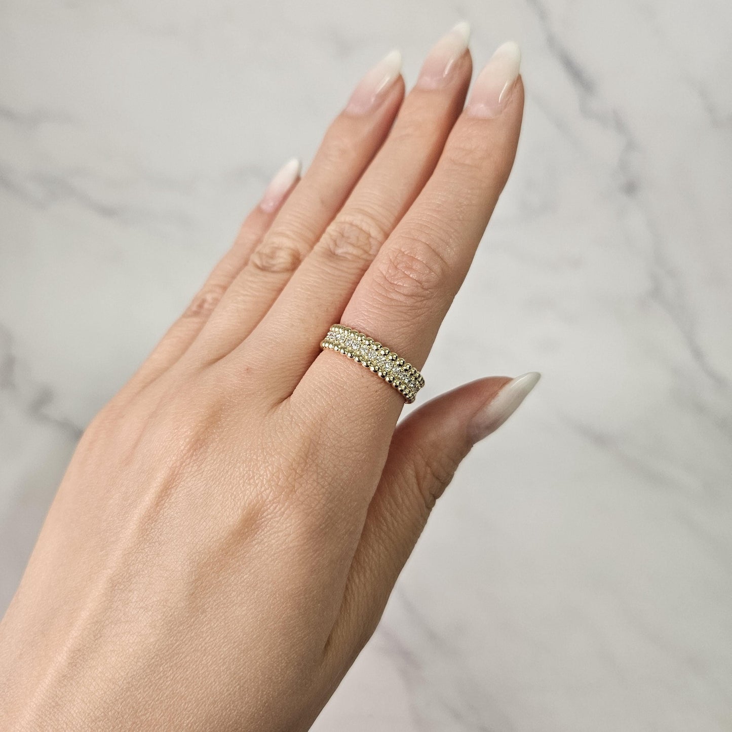 14K Gold Natural Diamond Eternity Ring: Stackable Bead Wedding Band- Anniversary Gift