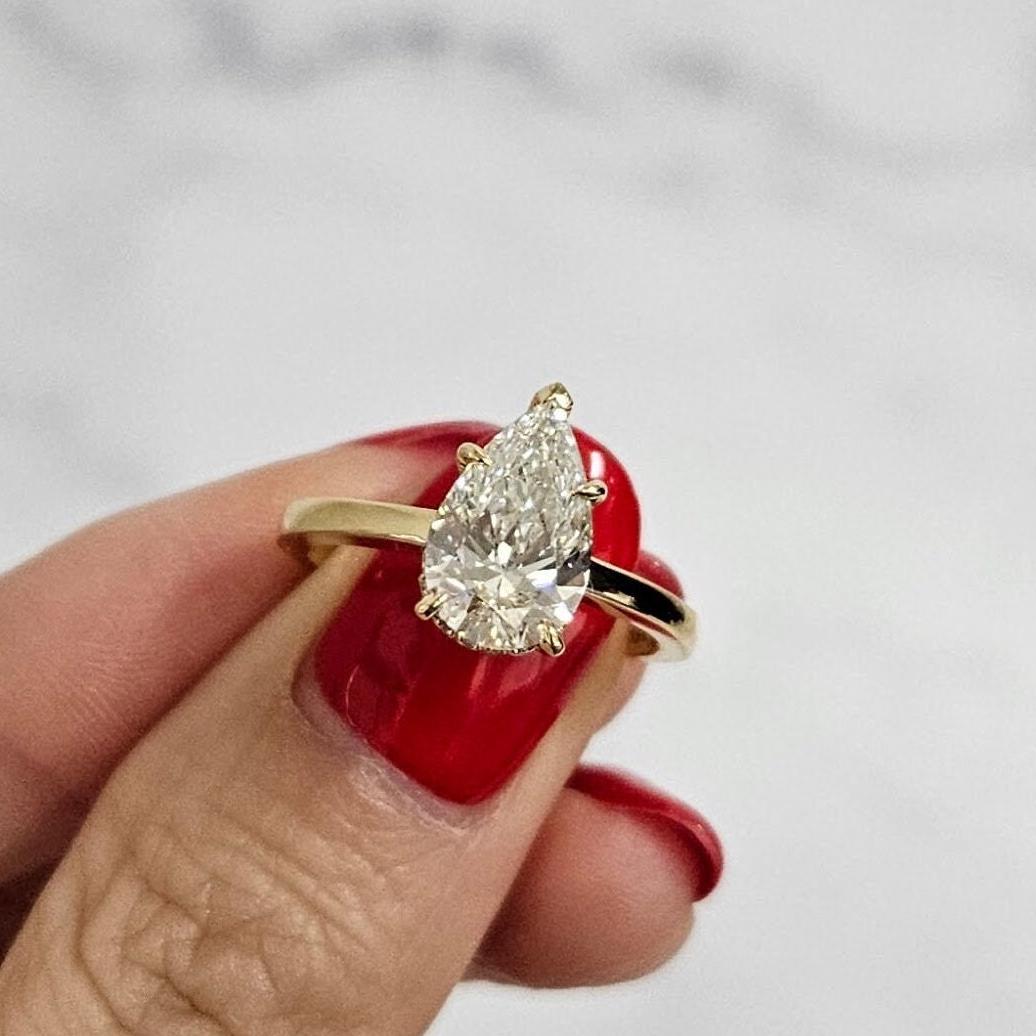 Pear Diamond Engagement Ring - 14K,18K Gold Hidden Halo Diamond Ring -Anniversary gift