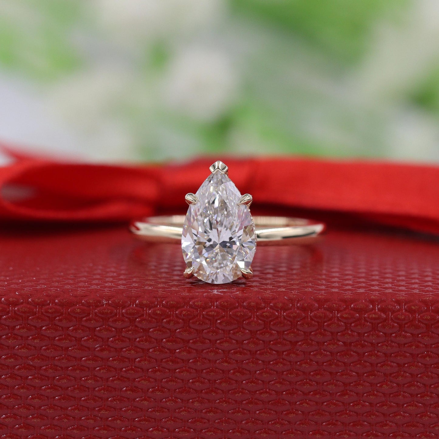 1.7ct Pear Diamond Engagement Ring: 14K Gold Hidden Halo Diamond Ring- Anniversary Ring
