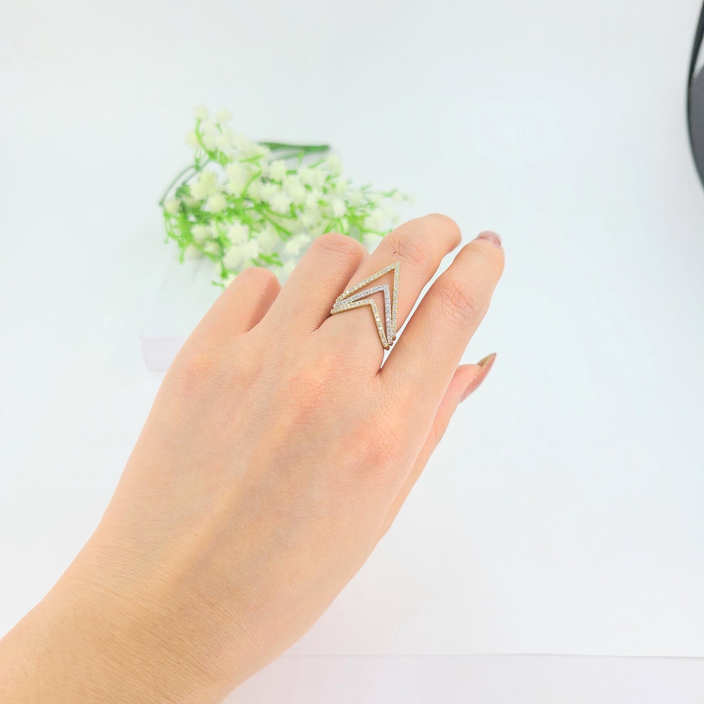 14K Gold V-Shape Natural Diamond Pave Ring(Medium): Handmade Wedding Band - Anniversary Gift