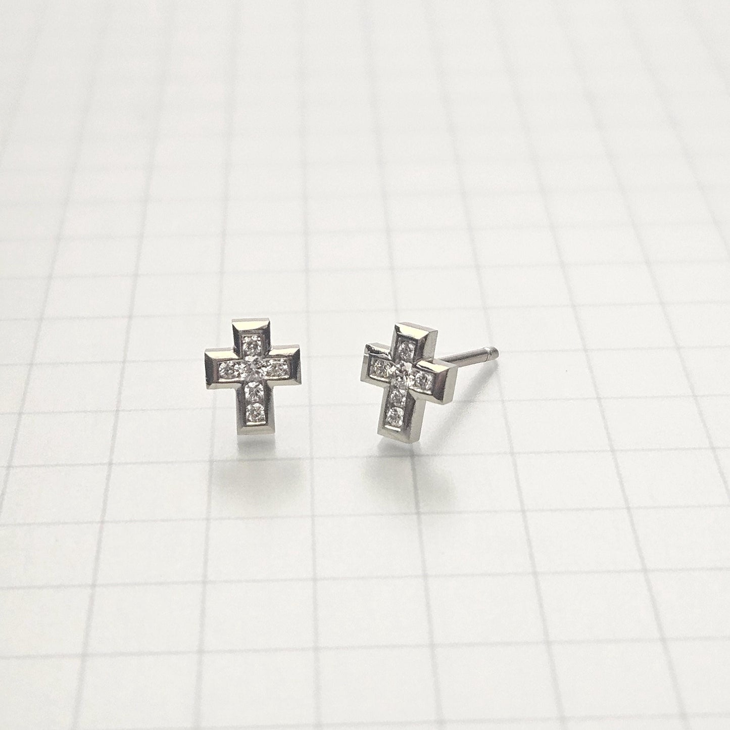 14k Gold Diamond Cross Earrings, Handmade Dainty Studs