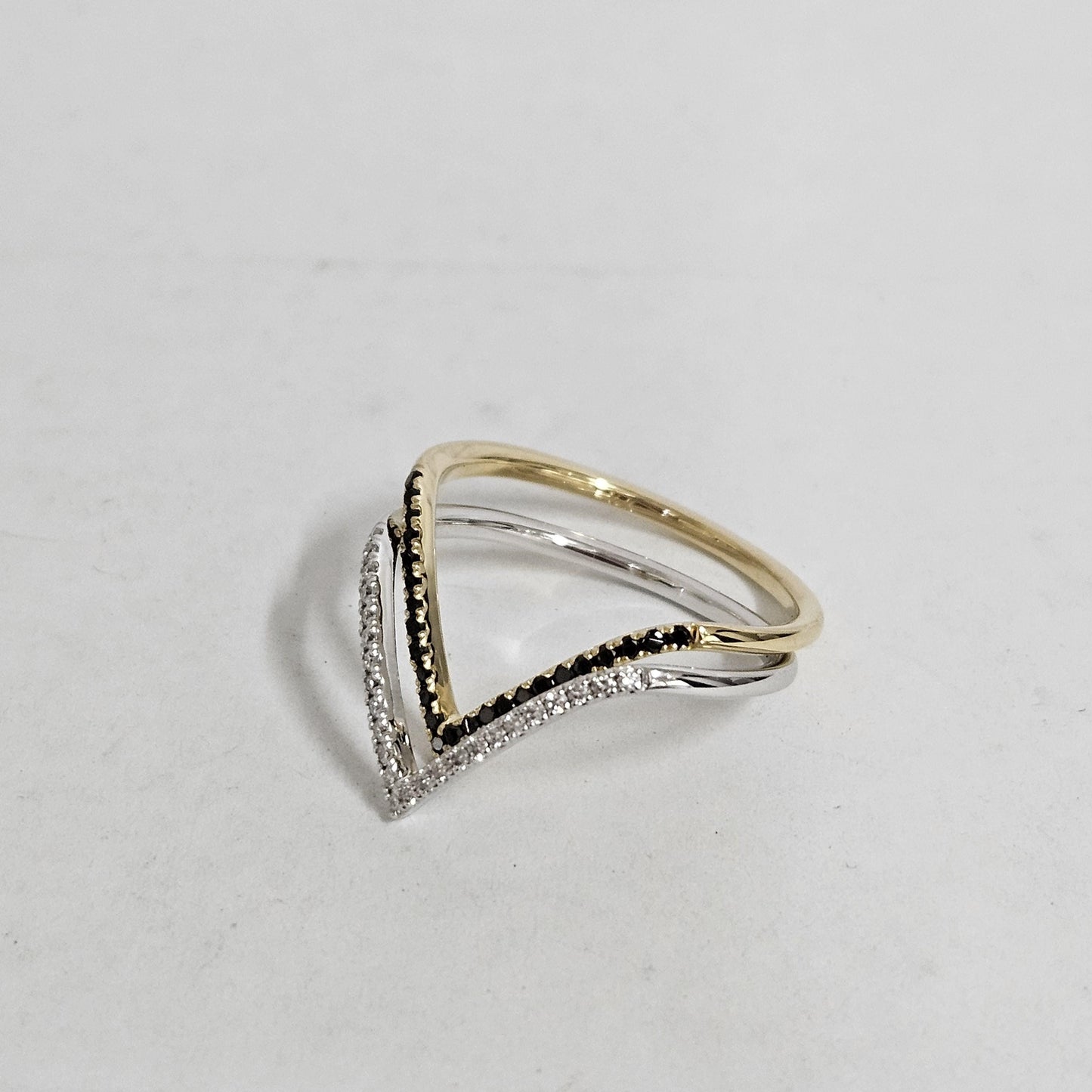 18K Gold Black Diamond V Ring: Handmade Stackable Anniversary Ring